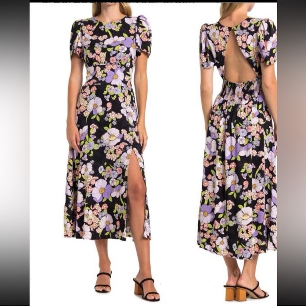 Anthropologie Black Floral Backless Midi Dress with Lavender and Pink Blooms